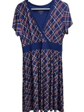 L.L. Bean Navy Plaid Wrap-Style Midi Dress